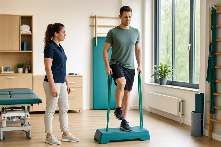 Aktives Gleichgewichtstraining unter physiotherapeutischer Anleitung.