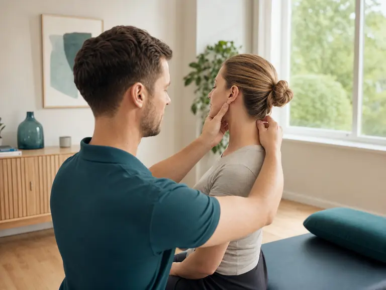Physiotherapeutische Untersuchung von Kiefer und Nacken.