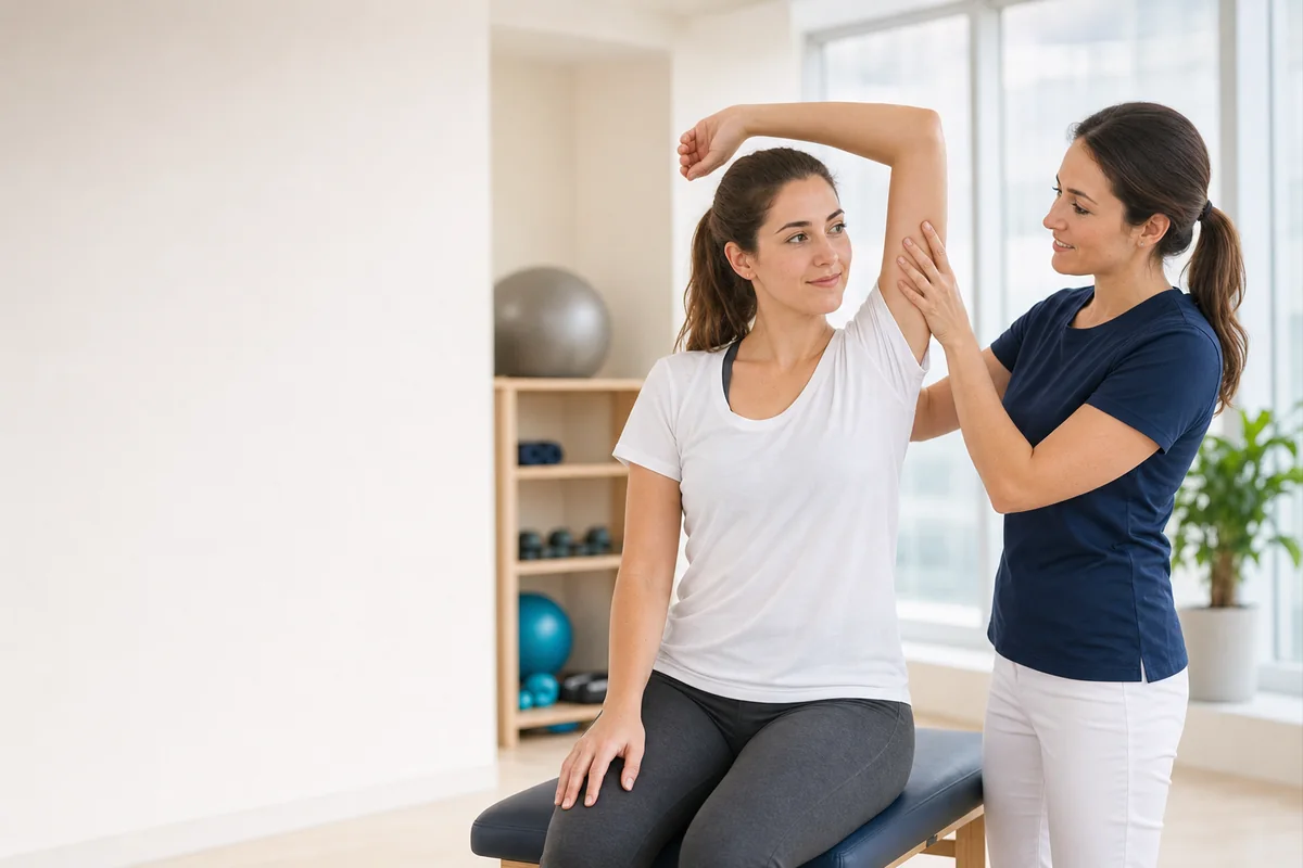 Physiotherapeutin begleitet eine Patientin bei einer Schulterbewegung.
