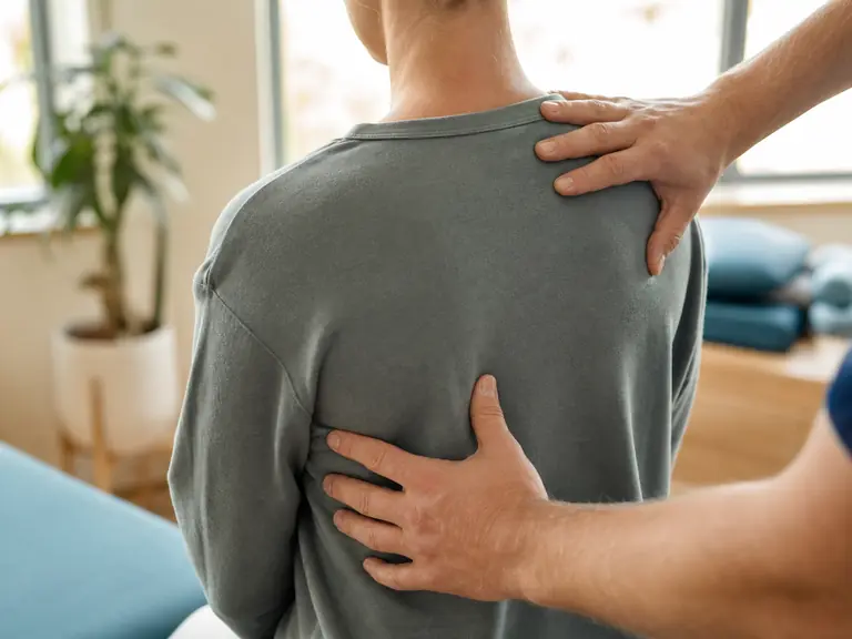 Physiotherapeutische Untersuchung einer Schulterbewegung.