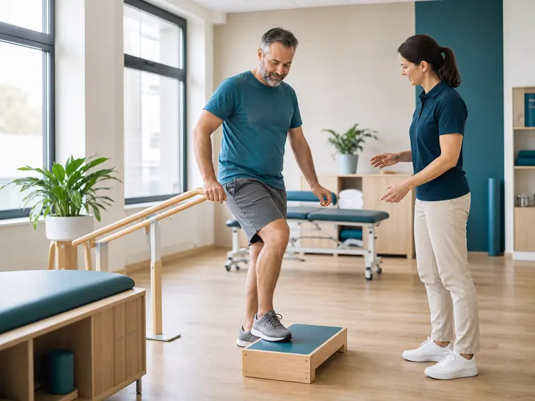 Patient trainiert einen kontrollierten Schritt in der Reha nach einer Operation unter physiotherapeutischer Anleitung.