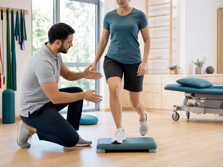 Patientin trainiert Stabilität auf einer niedrigen Stufe unter physiotherapeutischer Anleitung.